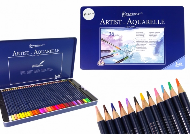 Set van 36 aquarelpotloden in metalen doos