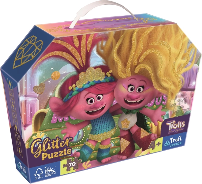 Puzzel 70 stukjes Glitter in koffertje Brokaat Trolls