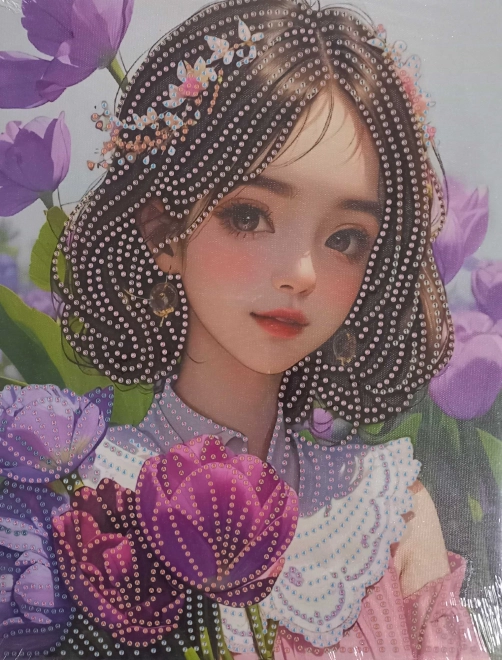 Diamond painting Meisje met bloemen op canvas 23x30 cm