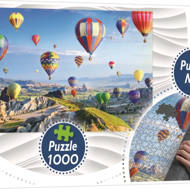Puzzel Ballonnen boven Cappadocië 1000 stukjes met onderlegger