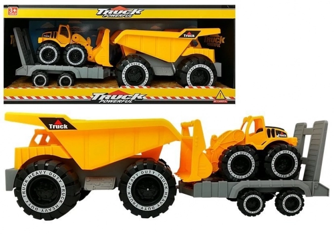 Grote vrachtwagenspeelgoed met aanhanger en bulldozer 49 cm