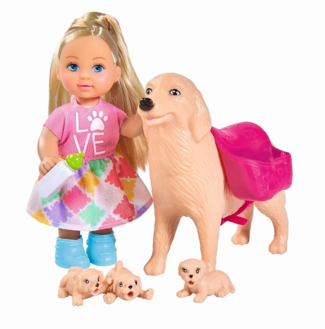 Pop Evička met hondje en puppy's