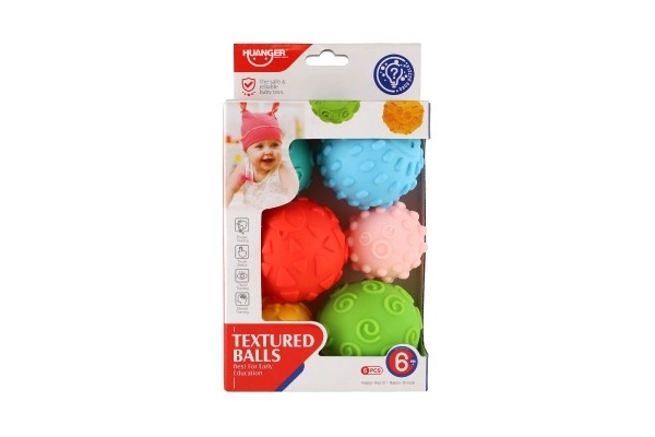 Set van 6 tekstuurballen rubber 6-8cm in doos 15x24x8cm 6m+
