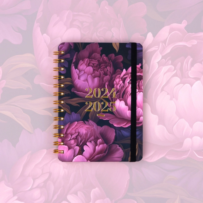 Spiraalvormige 18-maanden agenda Petito – Paarse bloemen 2024/2025, 13 × 18 cm