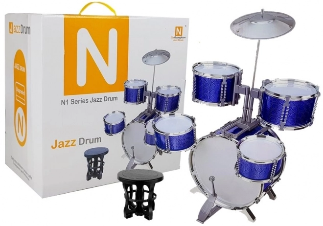 Grote trommelset met stoel 5 drums cimbaal blauw
