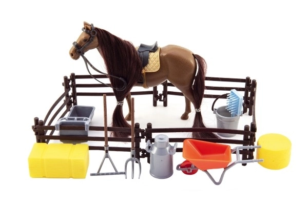 Bruin plastic paard met accessoires en omheining in doos 34x25x5cm
