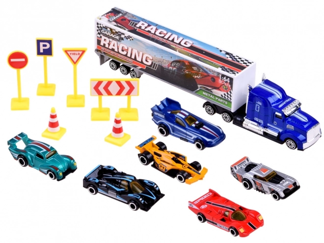 Metalen speelgoedwagenset van racers met verkeersborden