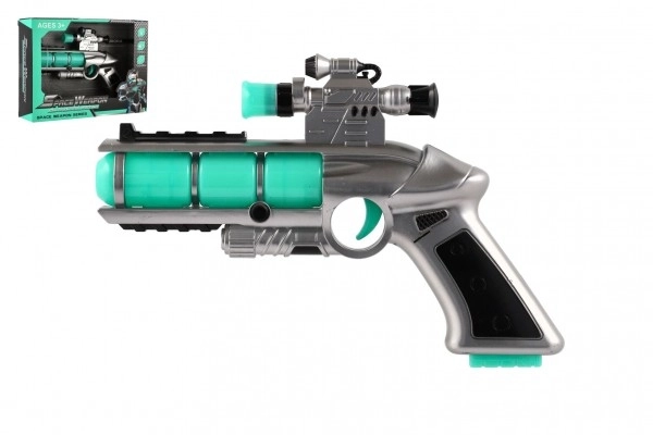 Pistool met vizier kunststof 20cm op batterijen met geluid en licht in doos