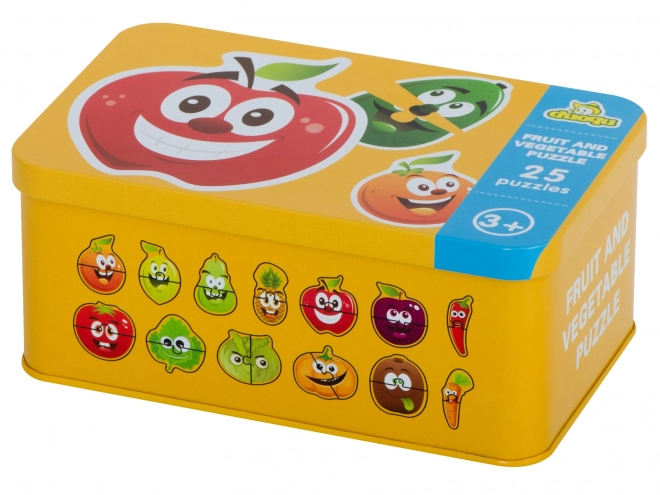 Puzzel met fruit- en groentemotieven in een blikken doosje
