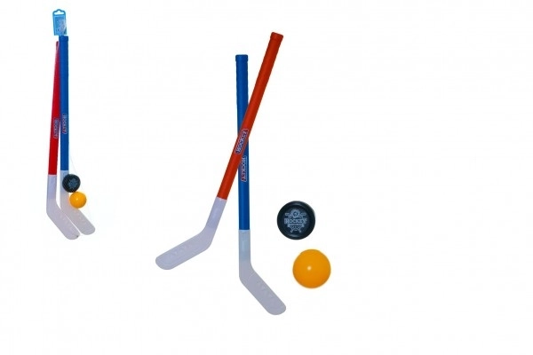 Hockey stick veld 2 stuks plastic 72cm + floorbal bal + plastic puck in net