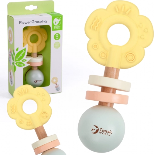 Houten pastel rammelaar en bijtring 2-in-1 in bloemvorm
