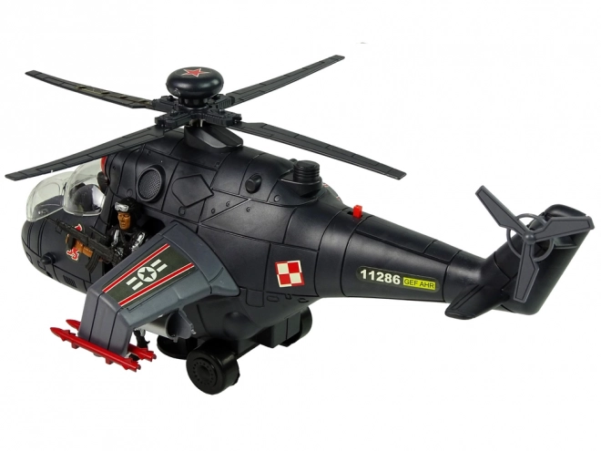 Helikopter met enorme vleugels en lichteffecten