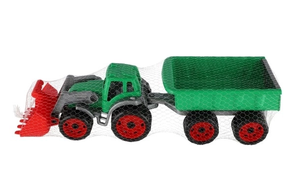 Tractor/lader/graafmachine met aanhanger met liggende plastic voor vrije beweging 2 kleuren in net 16x61x16cm