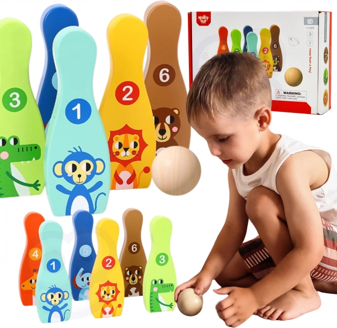 Houten kinderkegels met dieren 6 stuks + bal TOOKY TOY