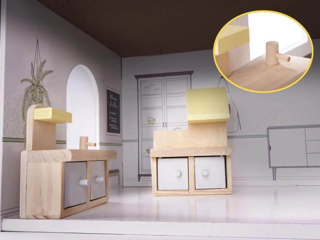 Poppenhuisje met grijs houten meubels