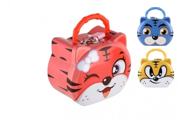 Spaarpot kat/tin kattenhoofd met slot 14x12cm 3 kleuren in plastic doos