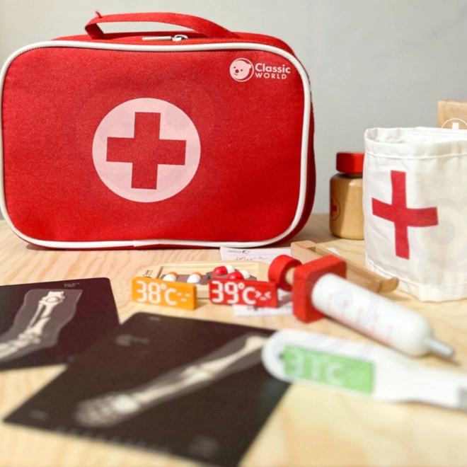 Set dokter/l-arts 19st hout/plastic in kartonnen verpakking 21x16x8cm