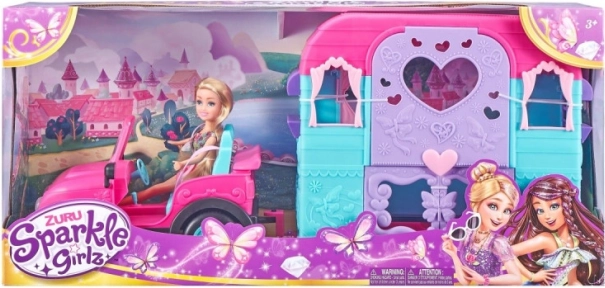 Pop SPARKLE GIRLZ met jeep en kampeer-aanhangwagen 26,5 cm