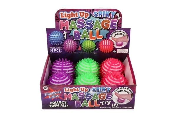 Massage anti-stress bal rubber 8 cm op batterijen met licht 6 stuks in doos