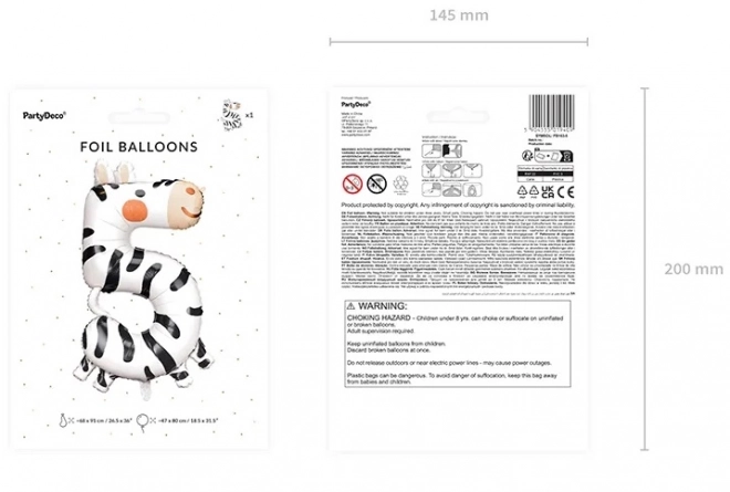 Folie verjaardagsballon nummer 5 - Zebra 68 x 98 cm