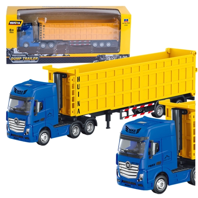 Metalen vrachtwagen met volume-aanhanger geel Huina 1:50