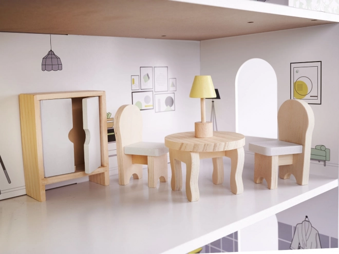 Poppenhuisje met grijs houten meubels