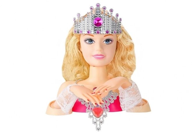 Hoofd van stijlloze pop met kroon + accessoires