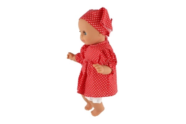 Pop/ Baby Hamiro 30cm, stoffen lichaam jurk rood+ witte stip + hoofddoek in doos 20x35x13cm