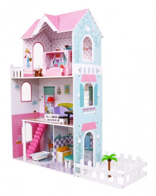 Houten poppenhuis Roze voor kinderen 3+ met uitrusting en meubels