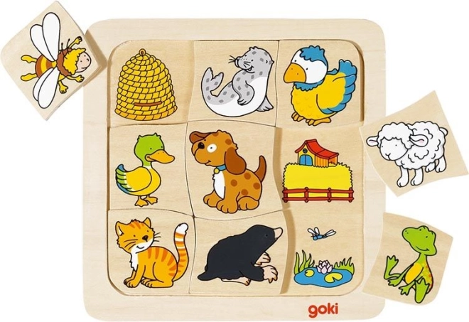 GOKI houten inlegpuzzel Wie woont waar?, 9 stukjes