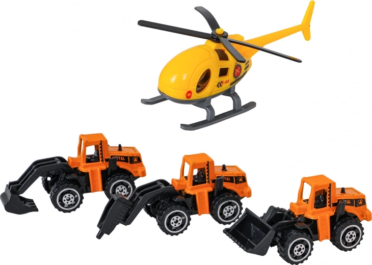 3 metalen bouwvoertuigen en helikopter