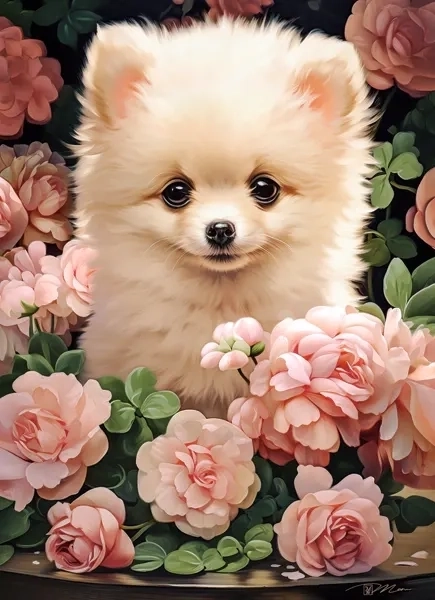 Puzzel Pomeranian-puppy tussen rozen 60 stukjes