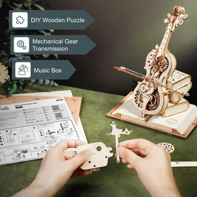 RoboTime houten mechanische puzzel Magische cello (elektrische aandrijving)