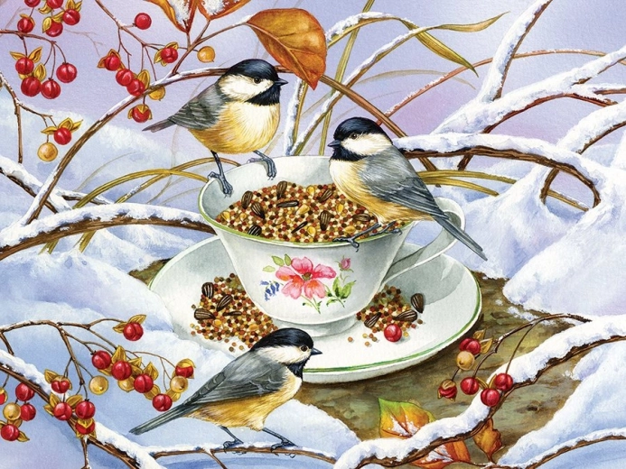 Sprookjesachtig wintermotief Meesjes bij de thee