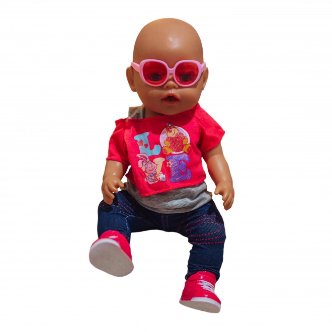 Stijlvolle kleding voor pop LOVE met bril en schoentjes 43-46 cm