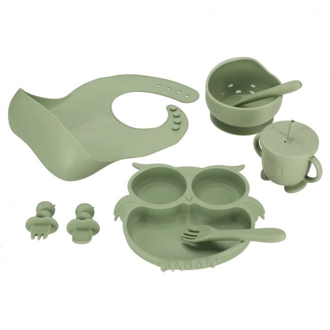 Siliconen kinderservies met uilenmotief in legergroen