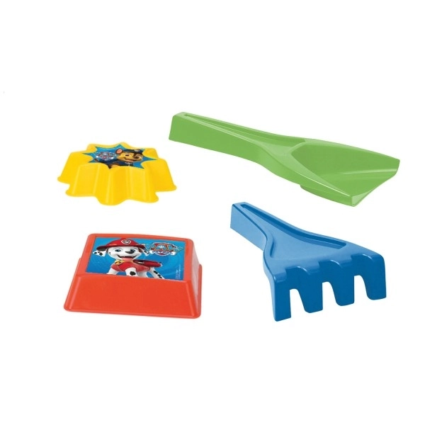 Zandset 4-delig plastic schep, harkje, 2 mallen PAW Patrol 4 kleuren in netje