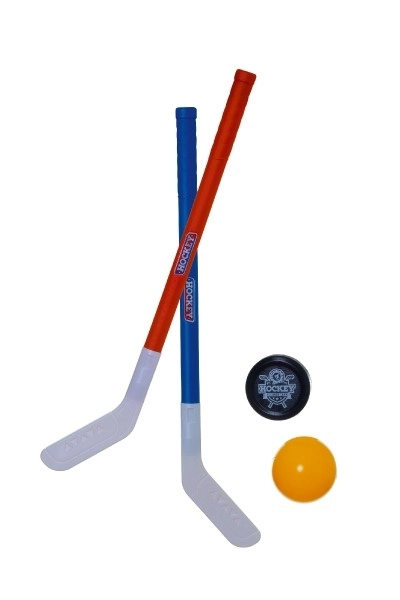 Hockey stick veld 2 stuks plastic 72cm + floorbal bal + plastic puck in net