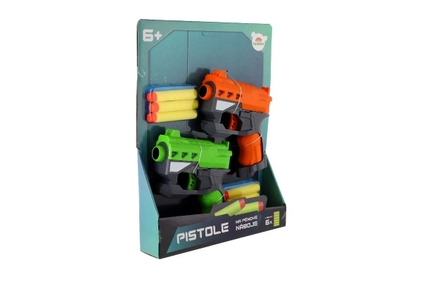 2 stuks pistolen 12 cm plastic voor schuimrubberen kogels + 6 stuks kogels op kaart