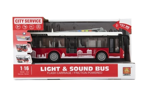 Bus/trolleybus kunststof 28cm met vliegwiel op batterij met licht en geluid in doos 32x17x11cm