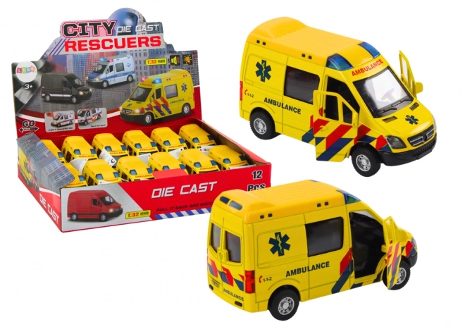 Ambulancemodel 1:32 met openslaande deuren en licht- en geluidseffecten - geel