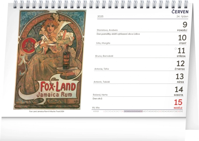 Bureaukalender Alfons Mucha 2025, 23,1 × 14,5 cm