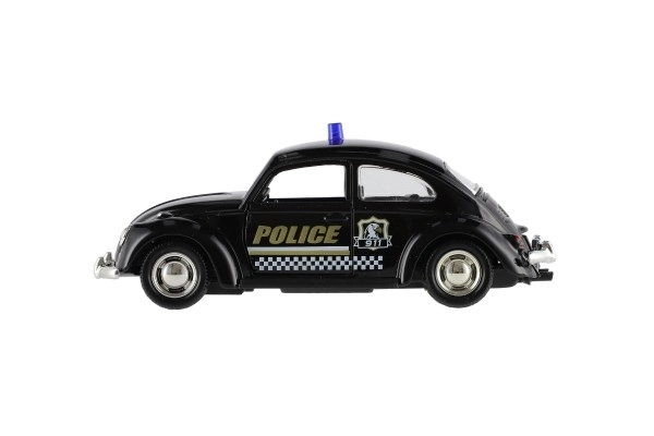 Retro politieauto 11cm metaal/plastic, zelfopwindend met licht op batterijen, 4 soorten