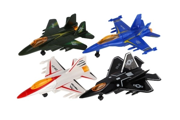 Metalen en plastic jager met terugtrekmechanisme 16 cm - set van vier kleurrijke vliegtuigen