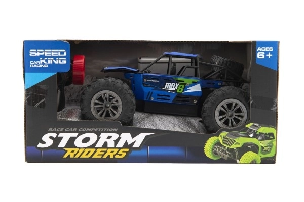 Auto RC buggy terrein blauw 22cm plastic 2,4GHz op batterijen + oplaadpakket in doos 32x16x18cm