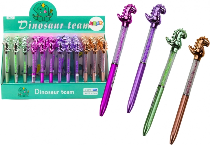 Balpen met dinosaurus, glinsterende steentjes, blauwe inkt 0,7 mm, mix van kleuren
