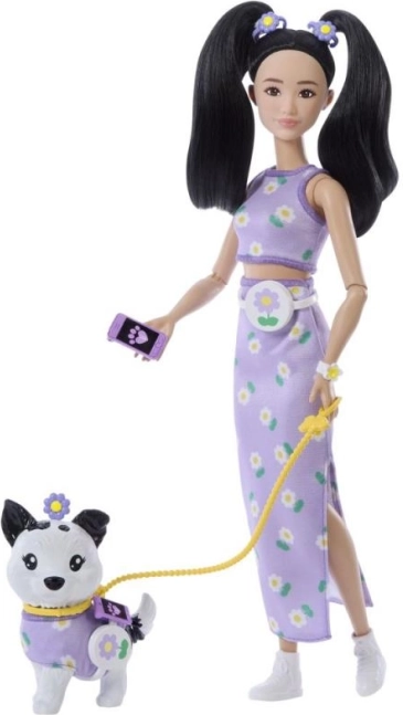 Barbie dubbele outfit bloemen – pop met hondje en accessoires