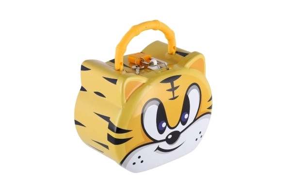 Spaarpot kat/tin kattenhoofd met slot 14x12cm 3 kleuren in plastic doos