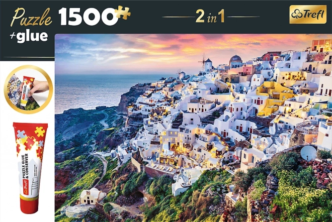 Trefl Sada 2v1 Puzzel Prachtig Eiland Santorini Griekenland 1500 Stukken met Lijm