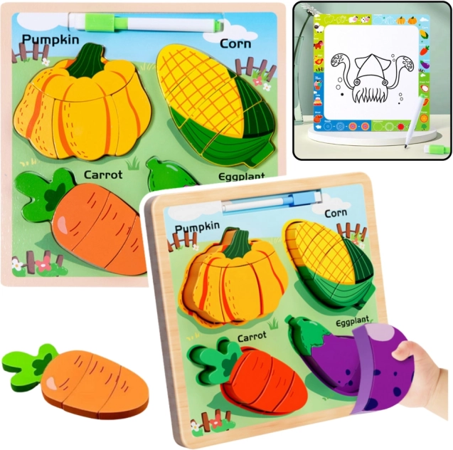 Houten educatieve puzzel met groenten en schrijf-/tekenbord